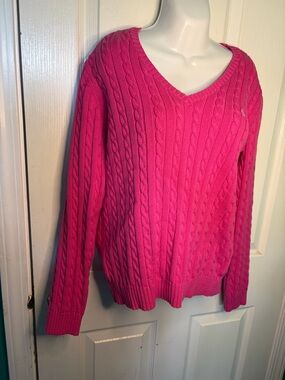 Ralph Lauren Sport Pink Cable Knit Sweater Womens L V Neck 100% Cotton Preppy